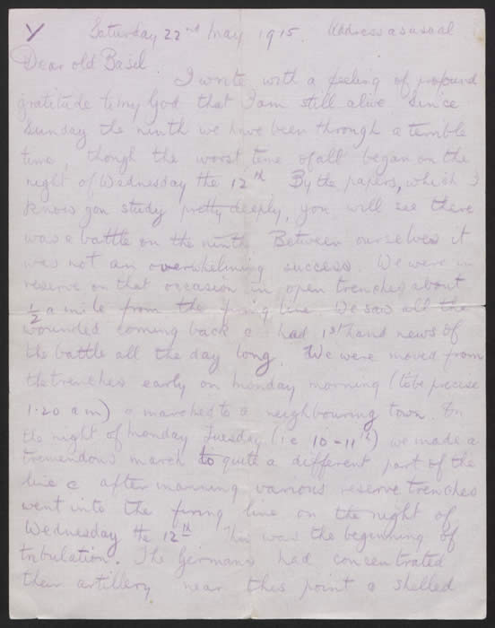 Letter beginning the description of the Battle of Festubert. Courtesy of Imperial War Museums