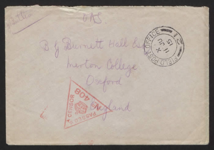 Envelope addressed to Basil Burnett Hall. Courtesy of Imperial War Museums