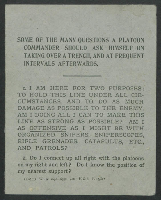 Some of the Many Questions a Platoon Commander Should Ask Himself on Taking Over a Trench. Included in Brunskill, Diary 32 (24 July-18 August 1917). Courtesy of Imperial War Museums