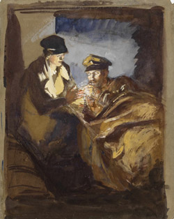 In an Ambulance: A VAD Lighting a Cigarette for a Patient. Olive Mudie-Cooke. Courtesy of Imperial War Museums